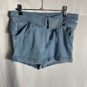 Forever 21 Denim Crossover Belted High Waist Shorts Medium Blue Jean Fold Hem